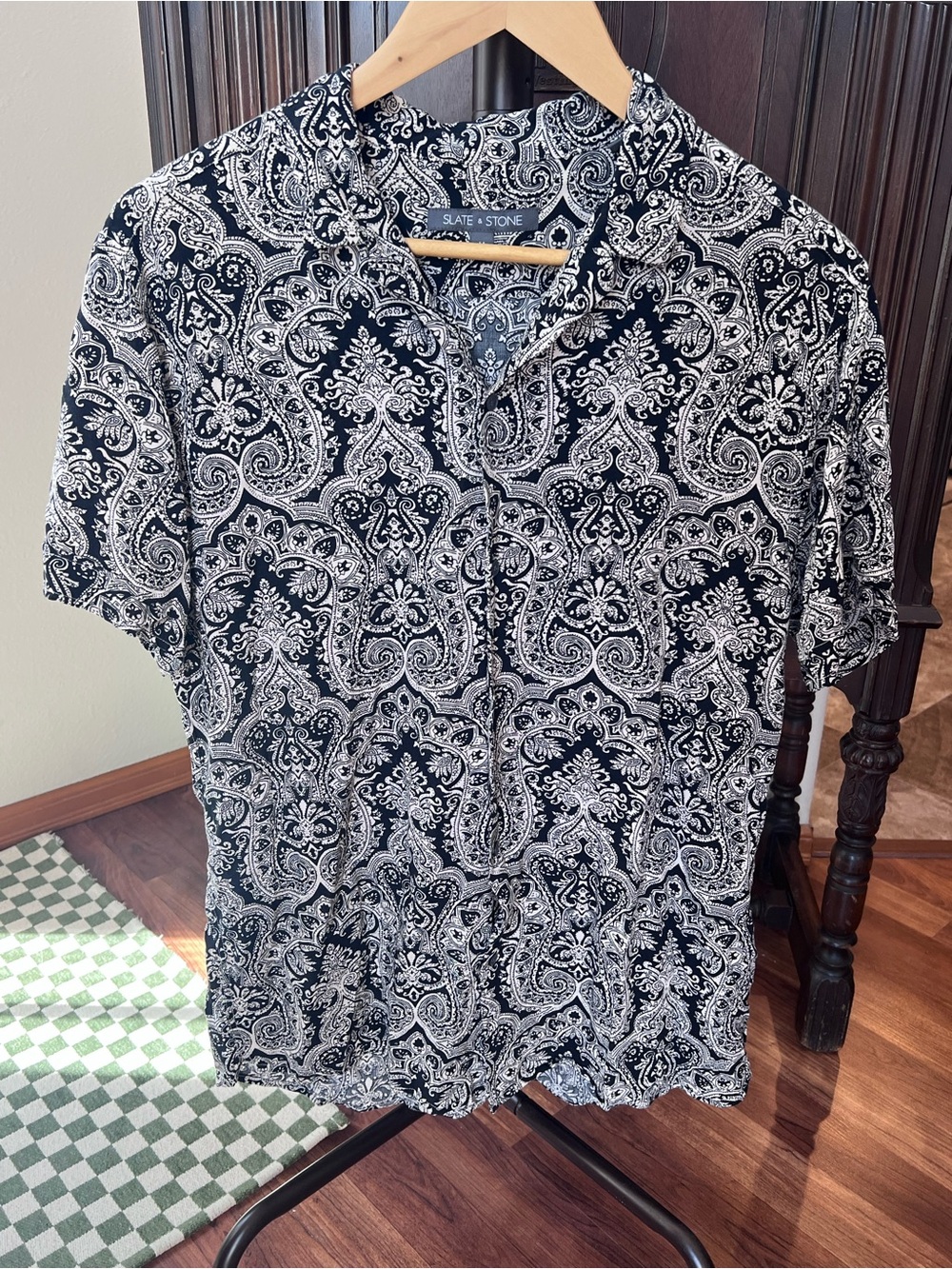 Slate & Stone Paisley Black & White Rayon Button Down Shirt